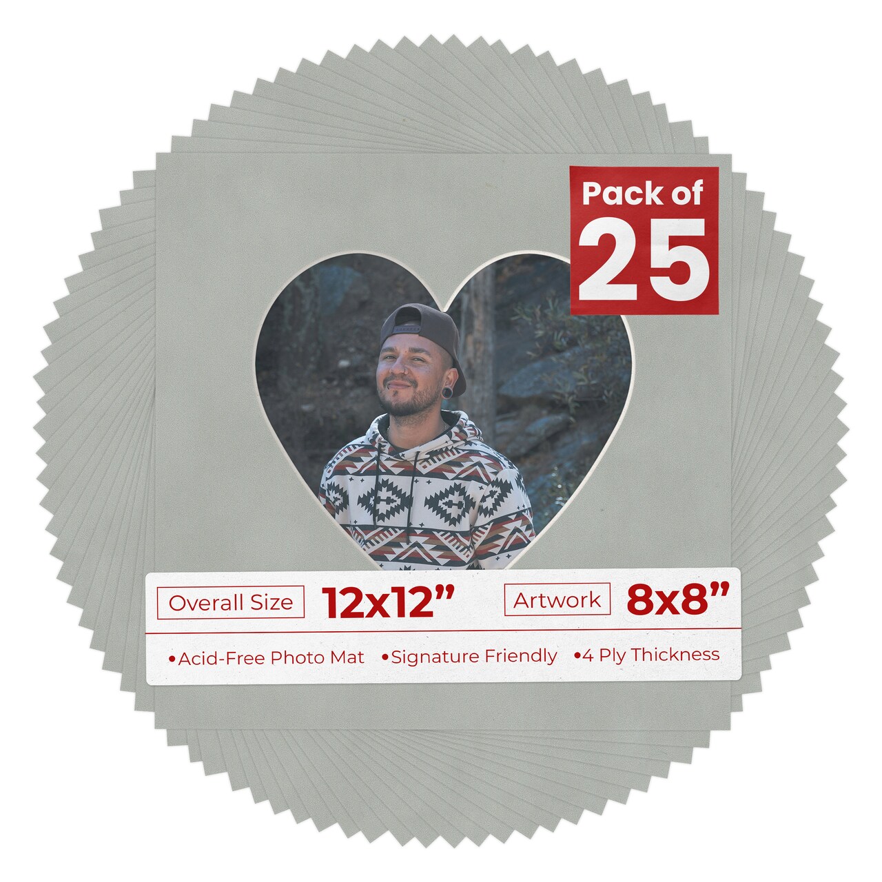 Light Grey Suede Mat Board for 12x12 Frames - Heart Opening for 8x8 Photos